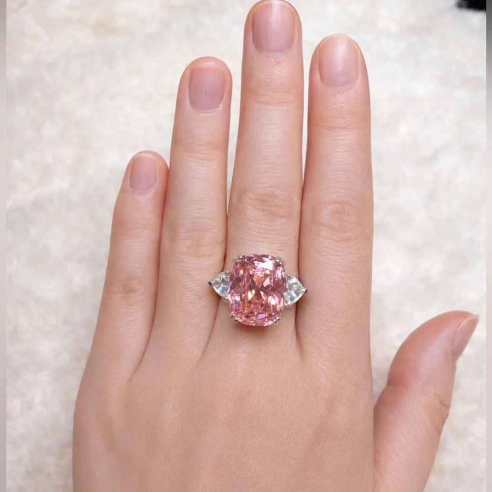 8 Carat Pink CZ Cushion Ring S925 Sterling Silver Adjustable‎ Band Vacation Ring